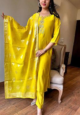Mustard Embroidered Chanderi Kurta Set