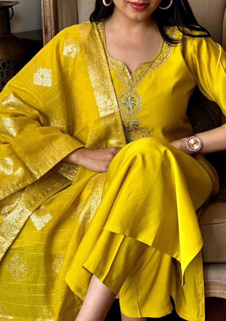 Mustard Embroidered Chanderi Kurta Set
