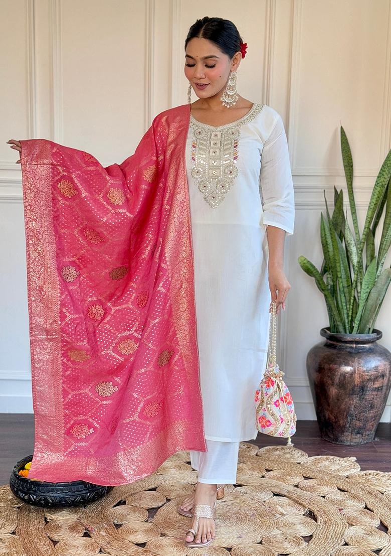 Off White Embroidered Chanderi Kurta Set