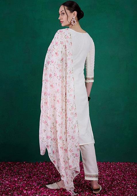 Off White Embroidered Cotton Kurta Set