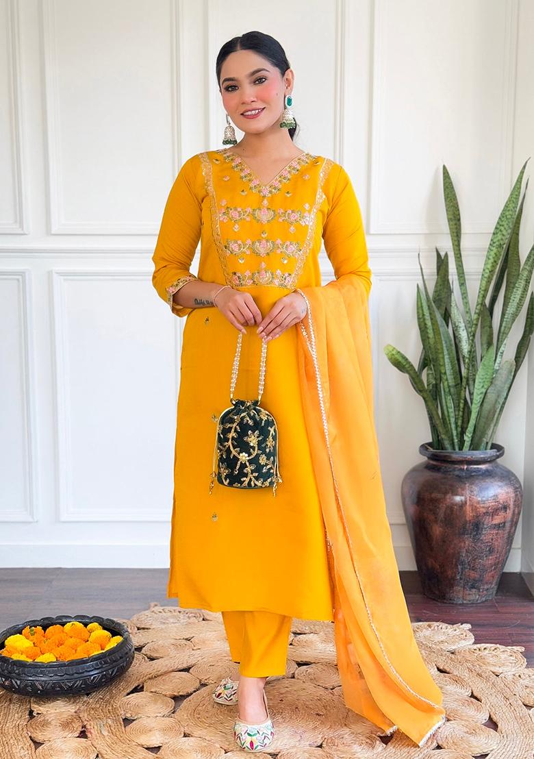 Mustard Embroidered Chanderi Kurta Set