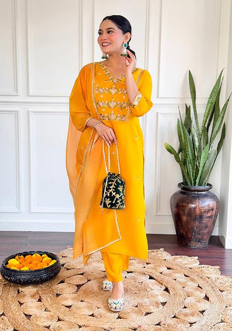 Mustard Embroidered Chanderi Kurta Set