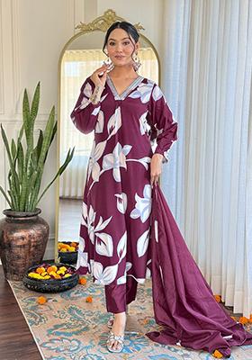 Purple Embroidered Crepe Kurta Set