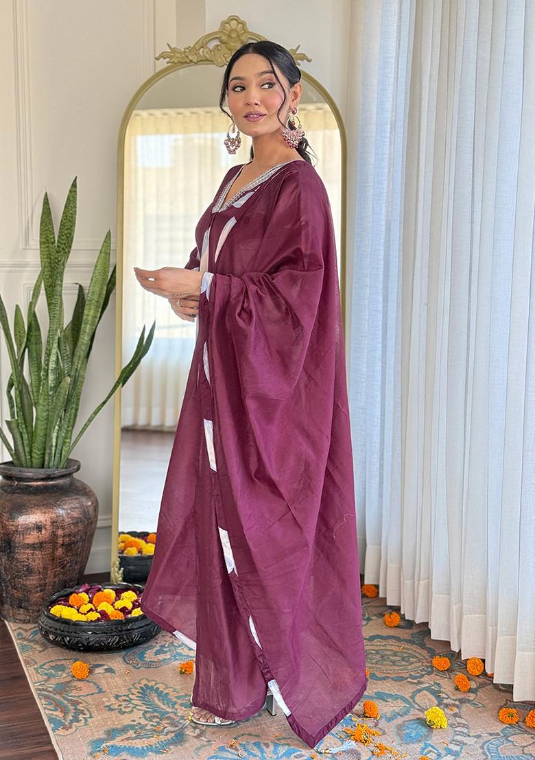 Purple Embroidered Crepe Kurta Set