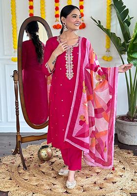 Red Embroidered Chanderi Kurta Set