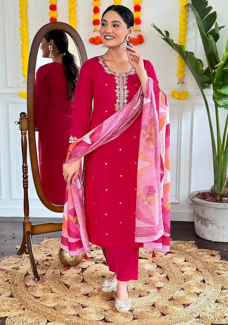 Red Embroidered Chanderi Kurta Set