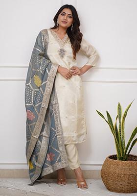 Off White Embroidered Chanderi Kurta Set