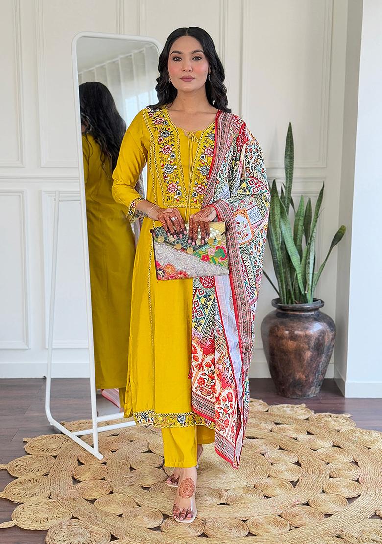 Mustard Embroidered Viscose Kurta Set