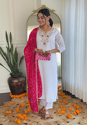 Off White Embroidered Viscose Kurta Set