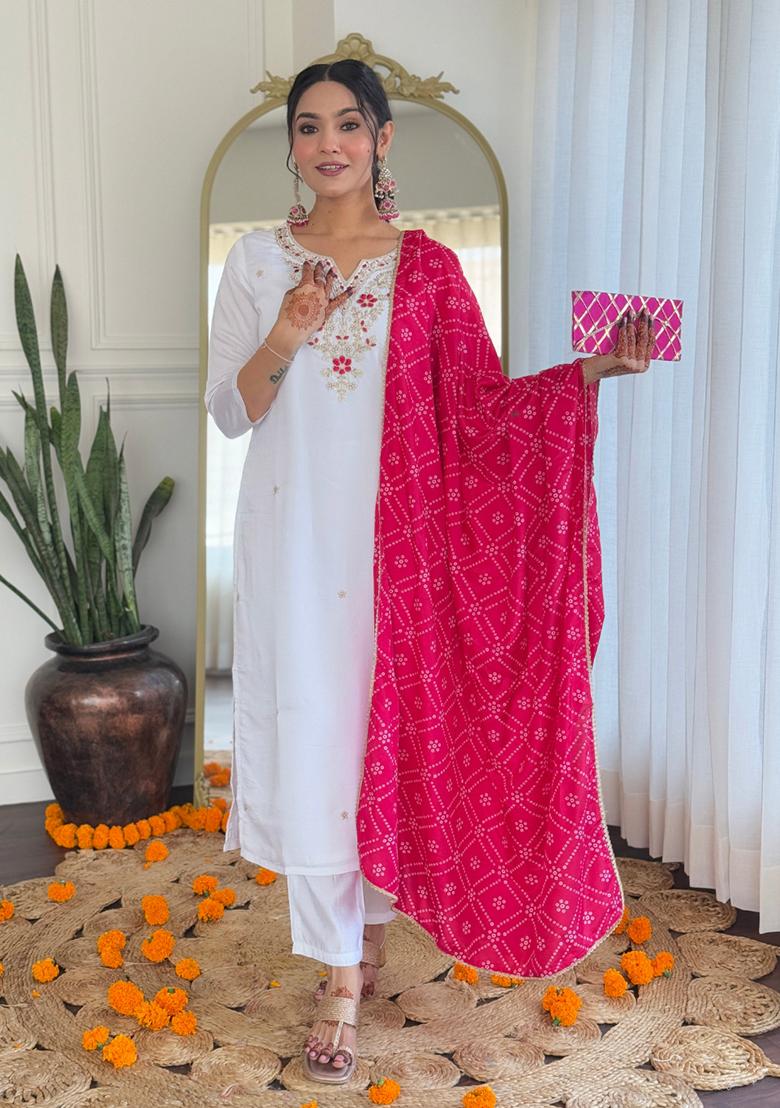 Off White Embroidered Viscose Kurta Set