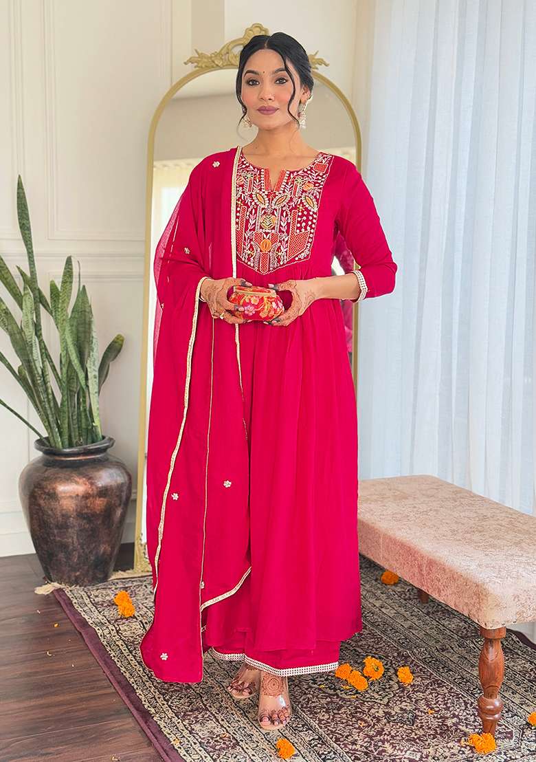 Red Embroidered Silk Blend Anarkali Set - Indya