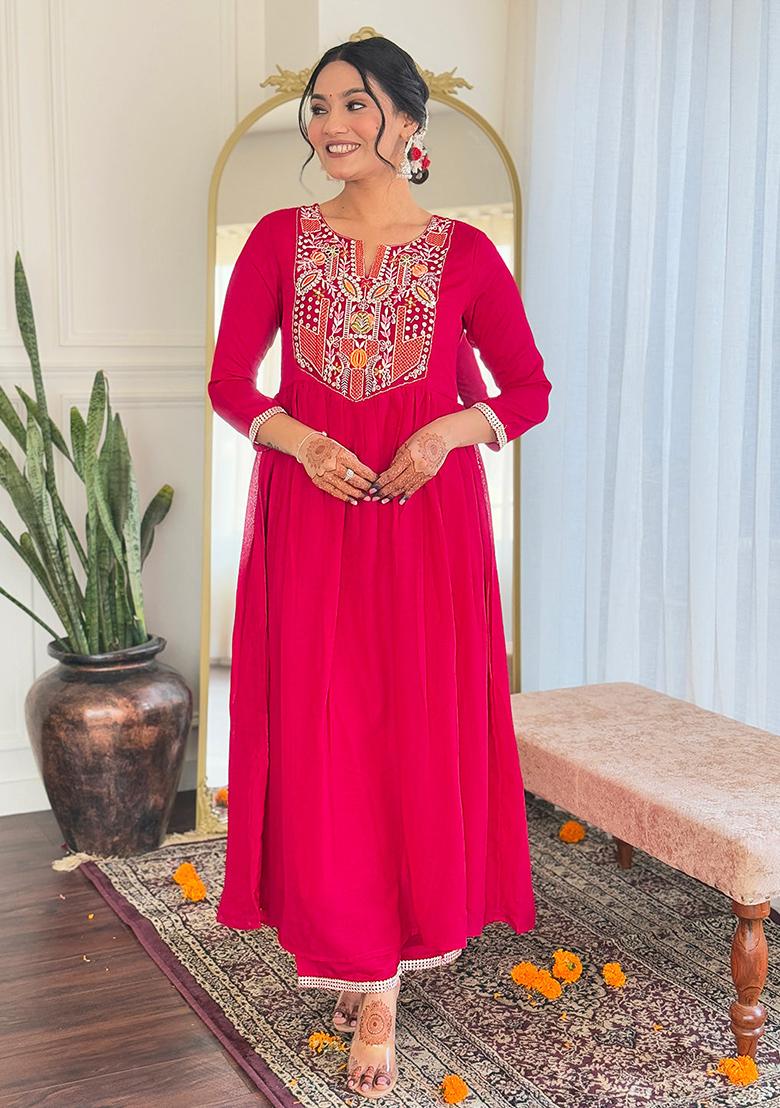 Red Embroidered Silk Kurta Set