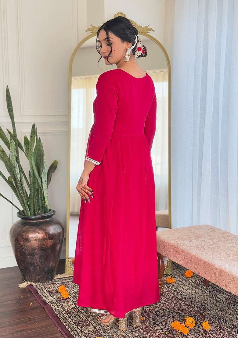 Red Embroidered Silk Blend Anarkali Set - Indya