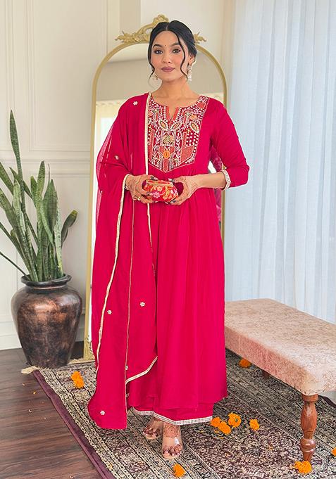 Red Embroidered Silk Kurta Set