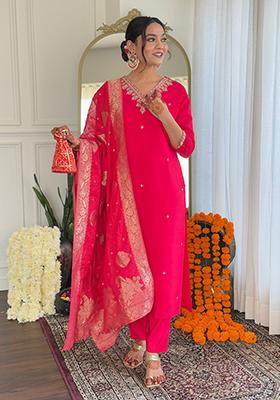 Rani Pink Embroidered Viscose Kurta Set
