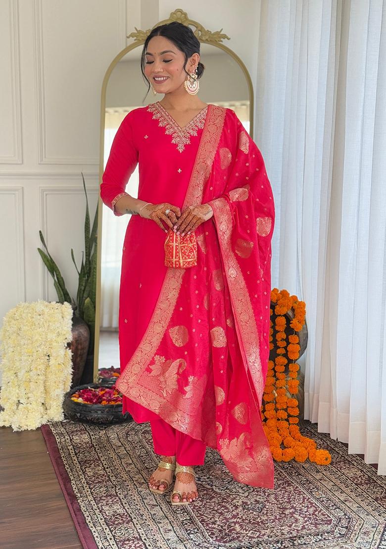 Rani Pink Embroidered Viscose Kurta Set