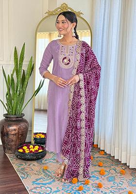 Lavender Embroidered Viscose Kurta Set