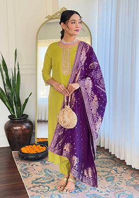 Lime Green Embroidered Viscose Kurta Set