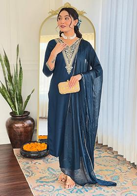Blue Embroidered Rayon Kurta Set