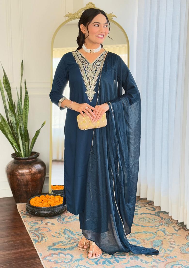 Blue Embroidered Rayon Kurta Set