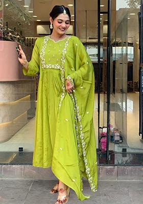 Lemon Green Embroidered Chinon Kurta Set