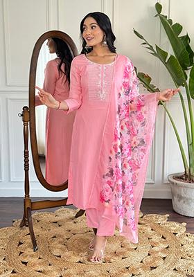 Baby Pink Embroidered Rayon Kurta Set