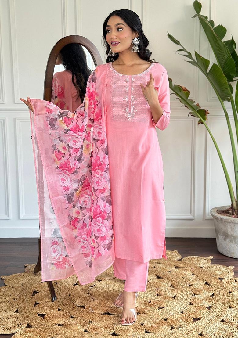 Baby Pink Embroidered Rayon Kurta Set
