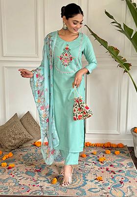 Blue Embroidered Rayon Kurta Set
