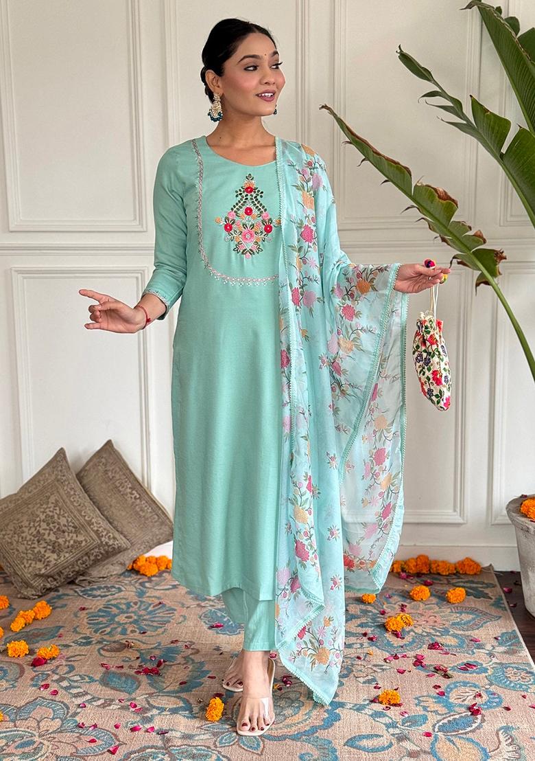 Blue Embroidered Rayon Kurta Set
