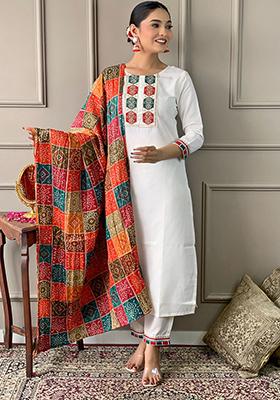 Off White Embroidered Viscose Kurta Set