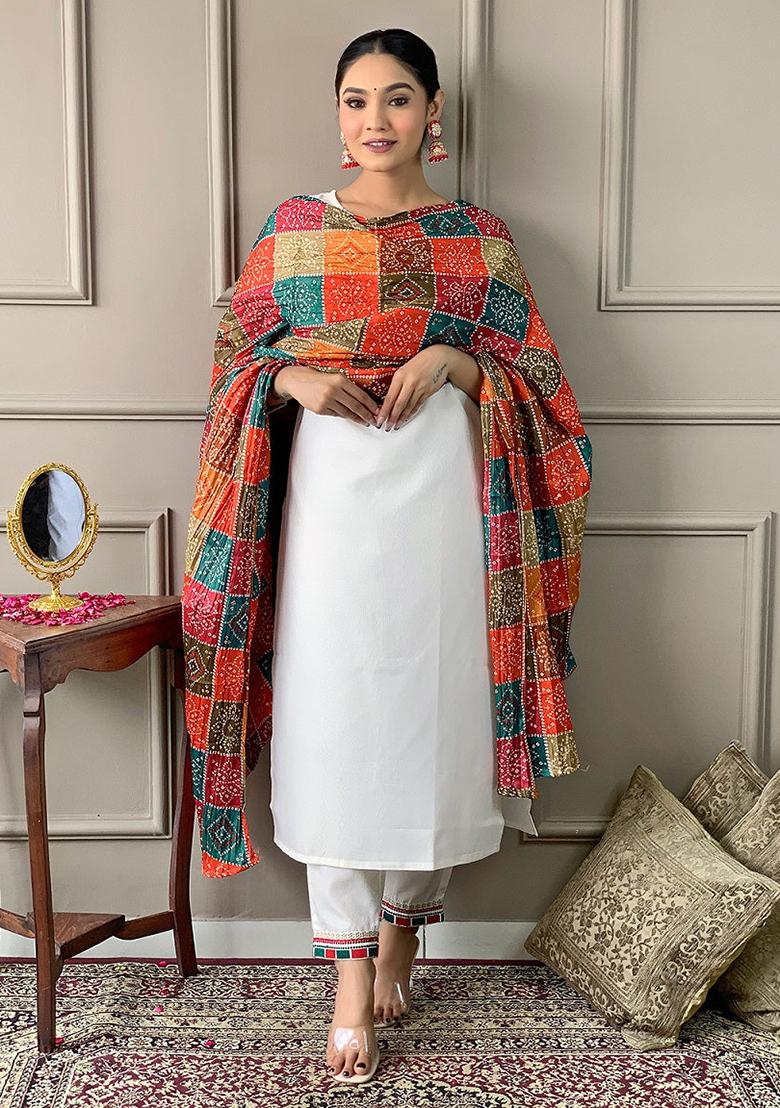 Off White Embroidered Viscose Kurta Set