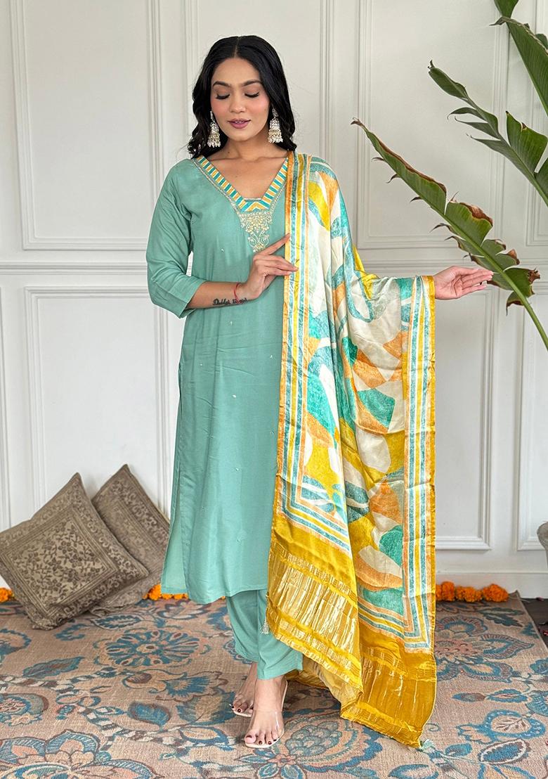 Blue Embroidered Viscose Kurta Set