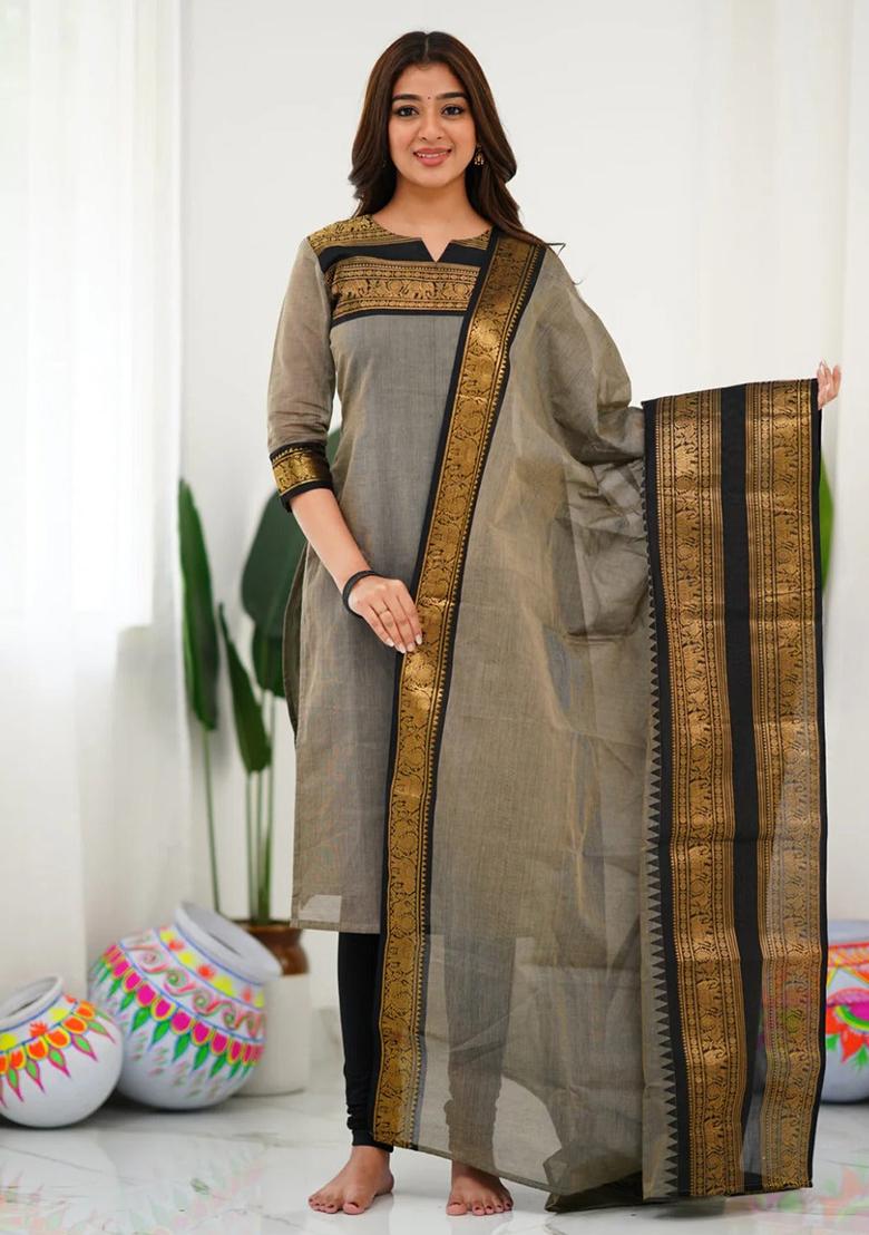 Grey Weaving Cotton Kurta Set