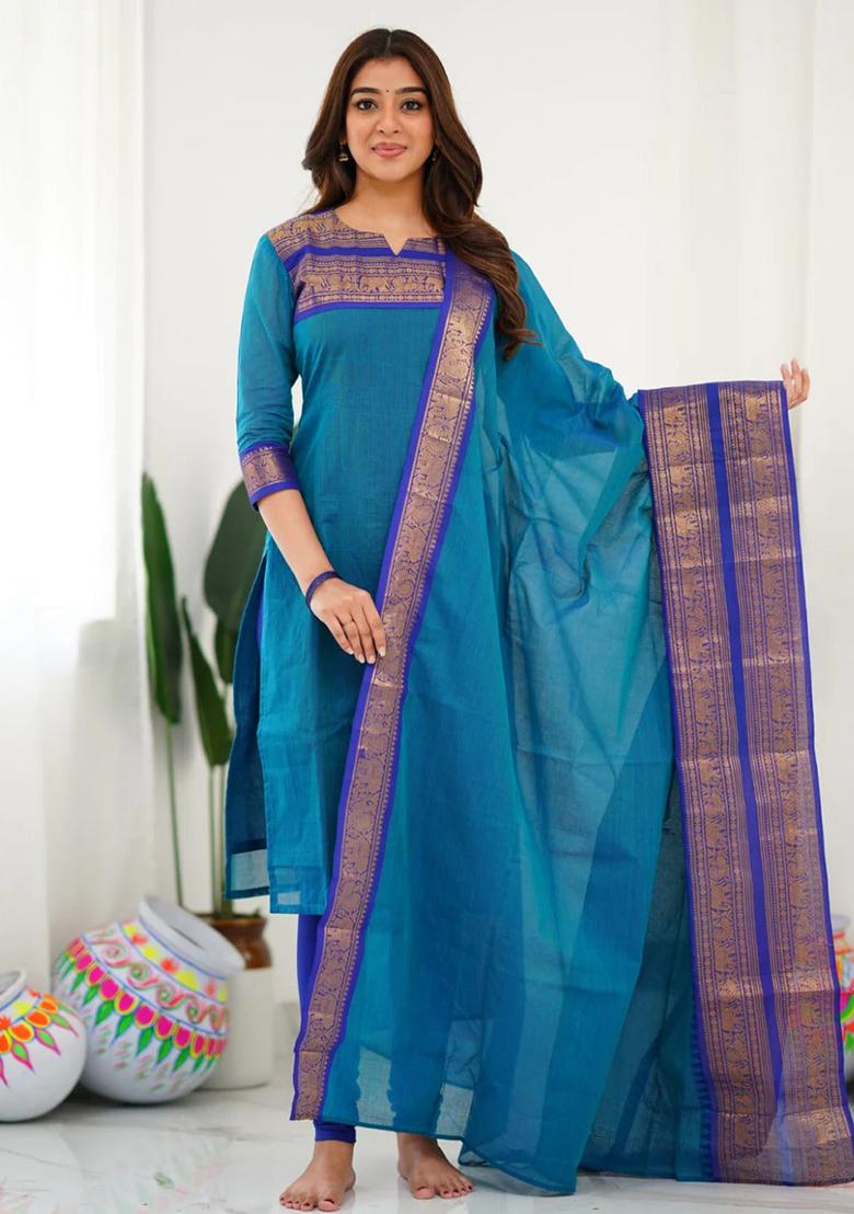 Sky Blue Weaving Cotton Kurta Set