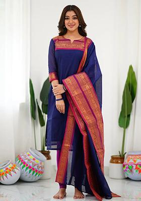 Blue Weaving Cotton Kurta Set