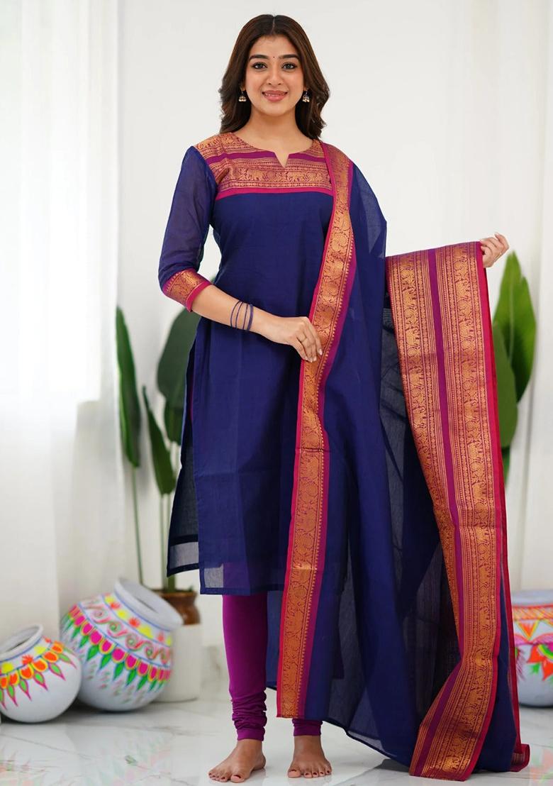 Blue Weaving Cotton Kurta Set