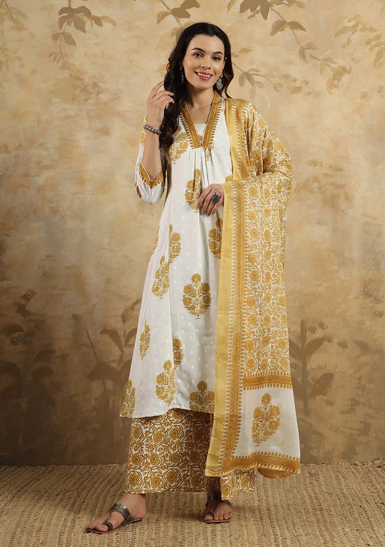 Off White Embroidered Cotton Kurta Set