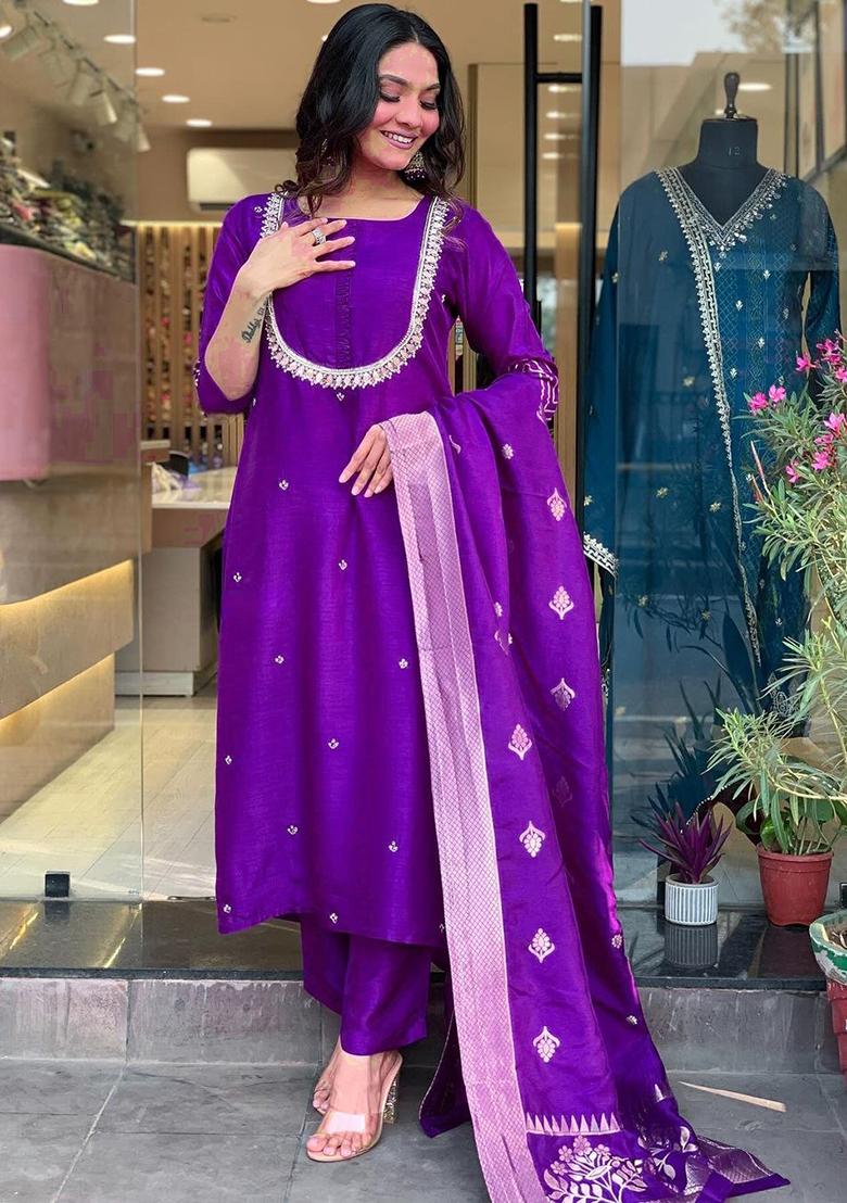 Purple Embroidered Chanderi Kurta Set