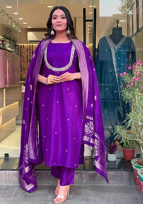 Purple Embroidered Chanderi Kurta Set