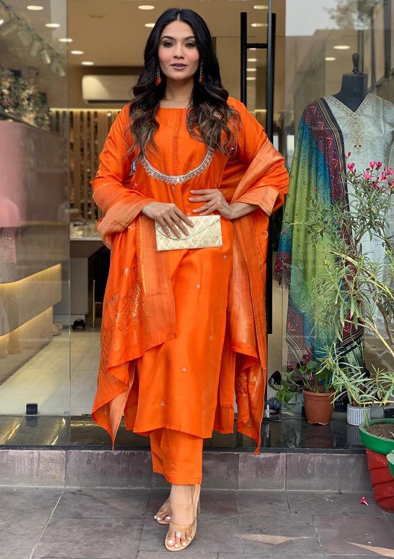 Orange Embroidered Chanderi Kurta Set