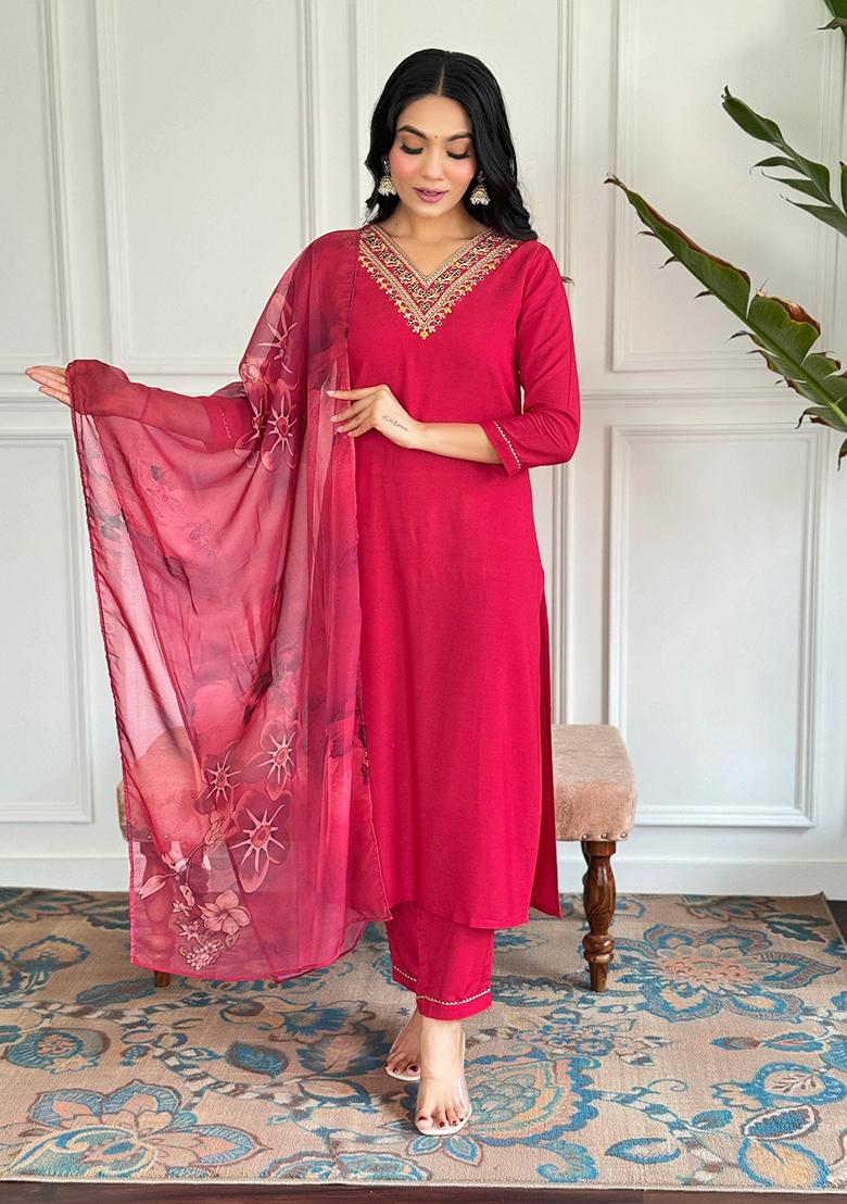 Red Embroidered Rayon Kurta Set