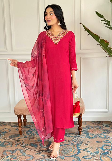 Red Embroidered Rayon Kurta Set