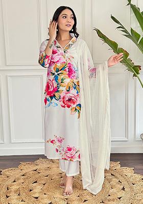 Off White Embroidered Crepe Kurta Set