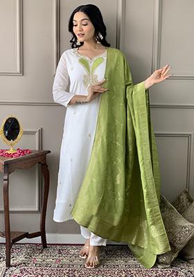 Off White Embroidered Chanderi Kurta Set