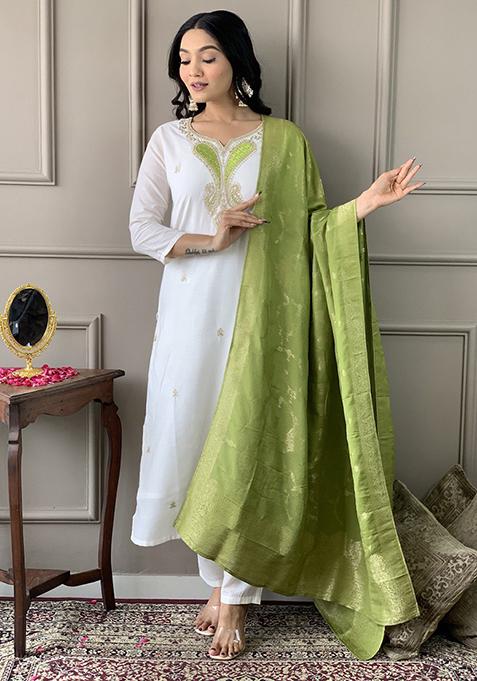 Off White Embroidered Chanderi Kurta Set