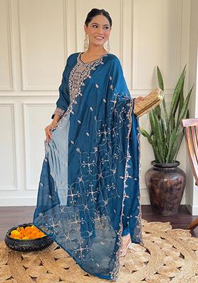 Blue Embroidered Silk Kurta Set