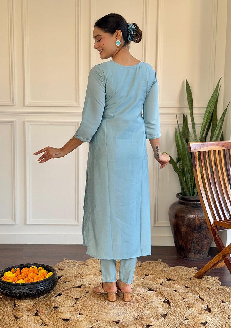Sky Blue Embroidered Chanderi Kurta Set