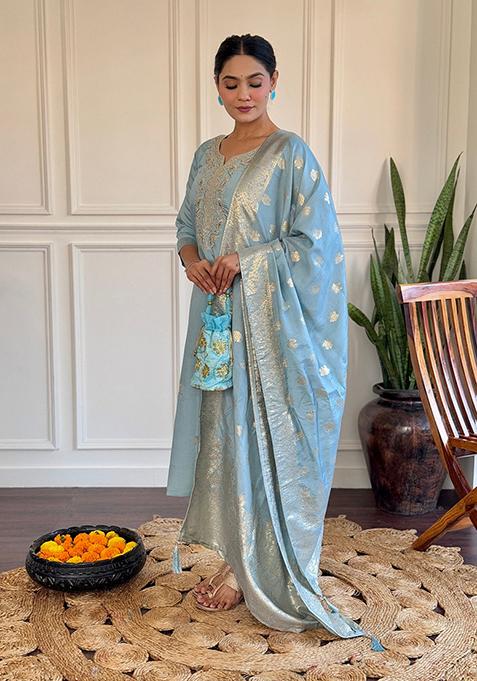 Sky Blue Embroidered Chanderi Kurta Set