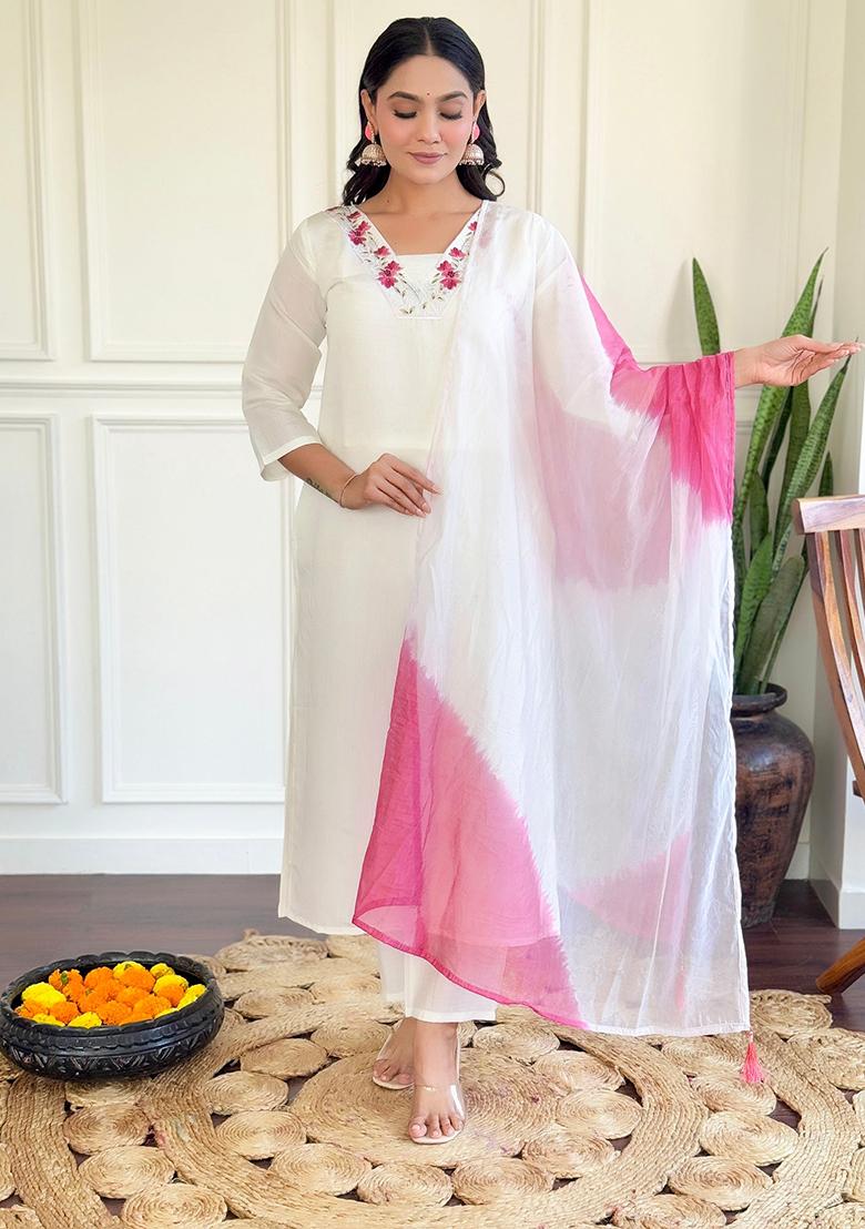 Off White Embroidered Chanderi Kurta Set
