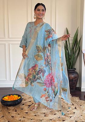 Sky Blue Embroidered Chanderi Kurta Set